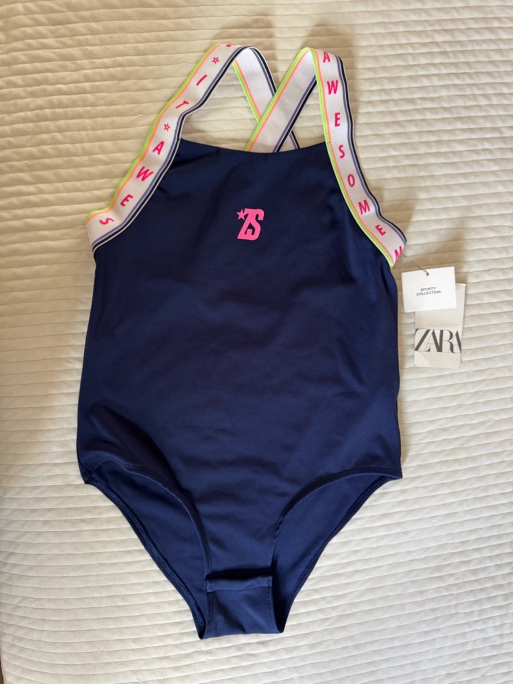 Zara Navy Bodysuit with Pink Logo and Neon-Trim Straps